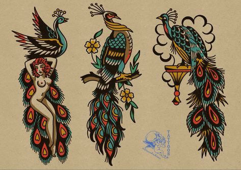 Traditional Tattoos Peacock, Traditional Peacock Tattoo Flash, Old School Peacock Tattoo, Traditional Peacock Tattoo Design, American Traditional Peacock, Japanese Peacock Tattoo, Traditional Peacock Tattoo, Unique American Traditional Tattoo, Traditonal Tattoo