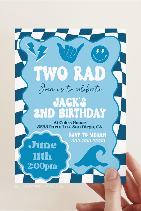 2nd birthday ideas for boy. These surf theme invitations are perfect for a TWO RAD birthday - totally twobular! Cool 2nd Birthday Ideas, 2 Rad Birthday, Totally Twobular Birthday Party, Two Rad Birthday Party Boy, 2nd Birthday Themes Boy, Boy 2nd Birthday Theme, 2nd Birthday Boy Themes Unique, Two Rad Birthday, Boy Second Birthday Themes