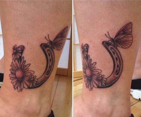 Cute horse shoe and butterfly by Steve Horseshoe Tattoo With Flowers, Ankle Tats, Tattoo With Butterfly, Shoe Tattoo, Sunflower Horse, Horseshoe Tattoo, Tattoo Mountain, Tattoo Horse, Tattoo Sun