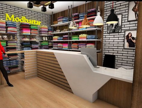 Small Clothes Shop Design Interior, Clothes Shop Counter Design Ideas, Indian Grocery Store Design, Garments Shop Interior Design, Readymade Shop Interior Design, Garments Shop Counter Design, Shop Counter Design Modern, Clothing Store Counter Design, Counter Design Shop Retail Stores