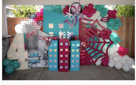 Ghost Spider Party Decorations, Spider Gwen Party Ideas, Gwen Spiderman Birthday Party, Ghost Spider Decorations, Gwen Stacy Birthday Party Ideas, Gwen Ghost Spider Birthday Party, Ghost Spider Party Ideas, Girl Spidey Birthday Party, Spider Gwen Birthday Party Ideas