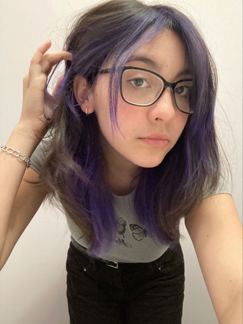 Undercolor Hair Ideas Purple, Purple Hair Subtle, Purple Under Highlights, Peekaboo Hair Purple And Brown, Purple Dyed Hair Underneath Brown Hair, Short Brown Hair With Purple Underneath, Lavender Underdye Hair, Dark Purple Halo Hair, Brown Hair With Purple Bangs