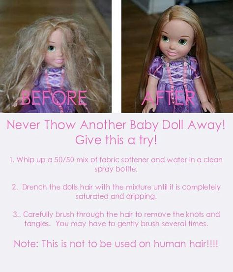 How to fix doll hair. I just did this and it actually works. Avery loved doing it too. Now we have a bottle if "doll shampoo"! Doll Hair Detangler, Tangled Doll, Fix Doll Hair, Barbie Hacks, Paint Eyes, Barbie Hair, Hair Detangler, Doll Hair, Doll Crafts