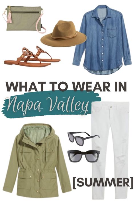 "What to wear in Napa Valley Summer" and from top left: a green crossbody purse, a tan wool Panama hat, a denim shirt, a pair of white distressed jeans, a pair of black Quay sunglasses, an olive green light anorak, and a pair of tan Tory Burch Miller sandals Napa Valley Summer Outfit, What To Wear To Napa Valley, Hats For Napa Valley, Fall Napa Outfits, Weekend In Napa Outfits, Outfits For Napa Valley Spring, Napa Valley Outfit March, Napa Spring Outfit Wine Country, Napa In October Outfits