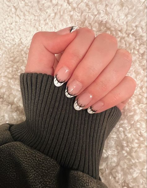 natural nails french tip black and white stich scar pattern halloween nails French Tip Black And White, Natural Nails French Tip, Nails French Tip Black, Natural Nails French, Trendy Halloween Nails, French Tip Black, Nails French Tip, Nails French, Trendy Halloween