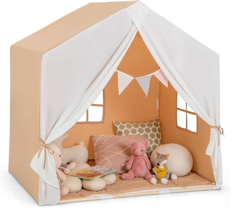 Costzon Large Kids Tent with Mat, Children's Play Tent w/Flag Banner, Windows, Gauze Curtain, Solid Wood Frame, Indoor Outdoor Kids Playhouse for Boys & Girls Age 3 + (Light Brown), Play Tents - Amazon Canada Toddler Playhouse, Twin Size Mattress, Padded Play Mat, Baby Crib Mattress, Kids Play Tent, Playhouse Outdoor, Kids Tents, Twin Mattress Size, Bed Tent