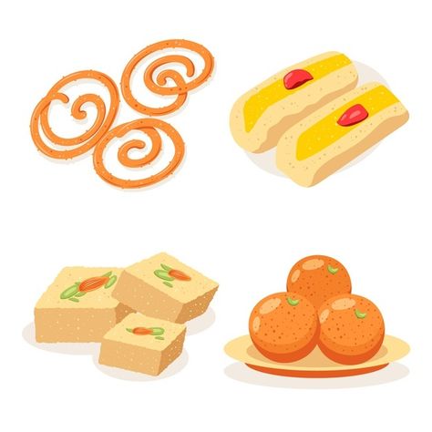 Hand drawn indian sweet collection | Free Vector #Freepik #freevector #food #hand #hand-drawn #indian Indian Food Art Illustration, Chai Stall, Foods Quotes, Diwali Mehandi, Faith Varvara, Sweets Illustration, Sweets Images, Food Festival Poster, Food Company Logo