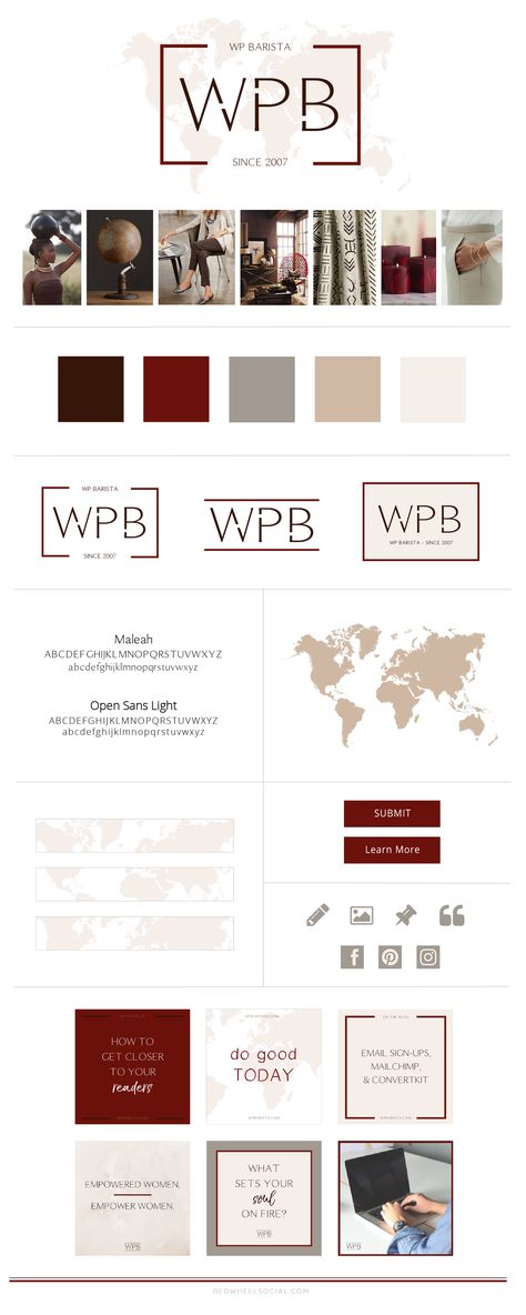 Visual Brand Board for WPB Barista that showcases the logo, colors, fonts, and social media graphics. The brand is worldly and neutral with beige, cream, taupe, and a deep red, almost maroon accent color. Red Branding Board, Burgundy Branding Board, Burgundy Graphic Design, Maroon Graphic Design, Dark Rich Color Palette, Burgundy Website Design, Red Branding Color Palette, Burgundy Mood Board, Brand Pallete