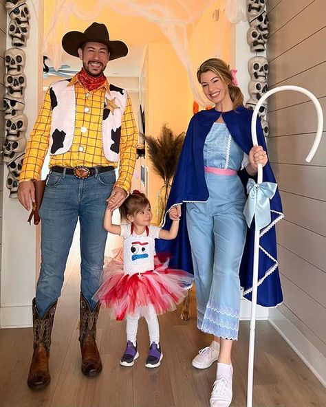 Holloween Costume Ideas Toy Story, Toy Story Family Of 3 Costumes, Women’s Toy Story Costume, Toy Story Women Costume, Toy Story Family Costumes Diy, Toy Story Couples Costumes, Bo Peep Diy Costume, Toy Story Costumes Family, Toy Story Halloween Costumes Families