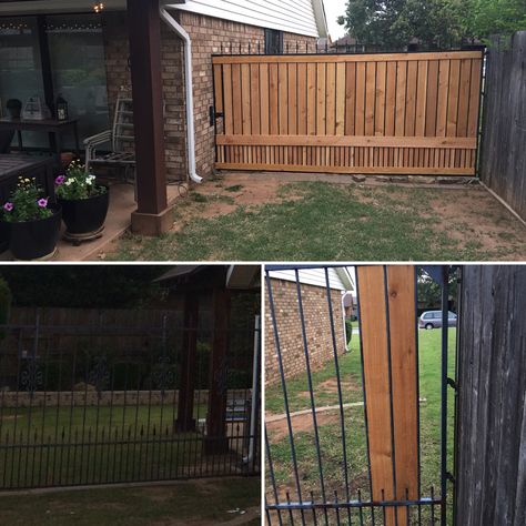 Wanted to replace my outdated wrought iron gate with a more current privacy gate. When I priced the service and materials I decided to customize my current gate by adding cedar pickets. Custom look and added privacy and all for less than $125. Wrought Iron Fence Privacy Ideas, Wrought Iron Fence Privacy, Iron Gate Privacy Ideas, Iron Privacy Gate, Wrought Iron Privacy Fence Ideas, Driveway Privacy Gate, Iron Fence Privacy Ideas, Aluminum Fence Privacy, Metal Fence Gates