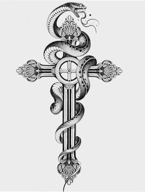 Cross And Snake Tattoo Design, Cross And Snake Tattoo, Cross Snake Tattoo, Cross With Snake Tattoo, Snake Cross Tattoo, Cross With Snake, Celtic Snake, Crucifix Tattoo, Black And White Snake