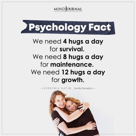 We need 4 hugs a day for survival. We need 8 hugs a day for maintenance. We need 12 hugs a day for growth.” —Virginia Satir, family therapist #facts #psychologicalfacts Skin Hunger, What Is Skin, Virginia Satir, Physiological Facts, Psychology Notes, Basic Anatomy And Physiology, Art Quotes Funny, The Minds Journal, Brain Facts