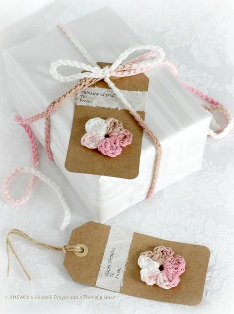 Crochet Gift Tags, Ties & Bows | Grateful Prayer | Thankful Heart Crochet Gift Tags, Crochet Labels, Grateful Prayer, Heart Crochet, Crocheted Flowers, Thankful Heart, Diy Bows, Crochet Gift, Handmade Gift Tags