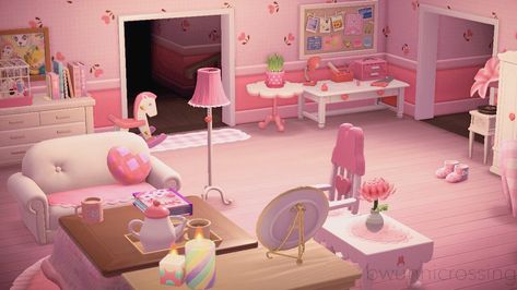 Acnh Living Rooms Ideas, Pastel Living Room, Kawaii Room Ideas, Dream Address, Pink Sanrio, Pink Island, Cute Living Room, Animal Crossing 3ds, Pink Crafts