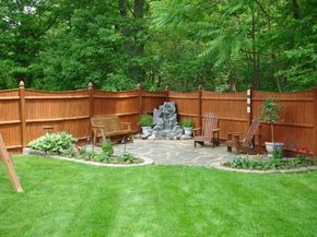 Backyard With Wooden Fences And Corner Patio : Maintenance Tips For Backyard Grasses Backyard Corner, Large Backyard Landscaping, No Grass Backyard, Cheap Backyard, Patio Deck Designs, Patio Projects, Easy Backyard, Budget Patio, Diy Outdoor Decor