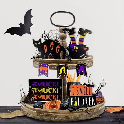 7 pieces Halloween tiered tray decorations set is a perfect addition to your home decoration, which will bring a strong Halloween atmosphere to your home. You will get 1 × “I SMELL CHILDREN” sign, 1 × black cat sign, 1 × square “AMUCK!” sign, 1 × witch legs sign and 3 × witch sign. With the halloween tiered tray decor, you can spend a wonderful Halloween with your family. Please notice that tiered tray is not included. The tiered tray decor is made of premium wood material, which is durable, smo Hocus Pocus Halloween Decor, Hocus Pocus Decorations, Halloween Tray, Tiered Tray Decorations, Halloween Tiered Tray Decor, Monster Decorations, Thanksgiving Snacks, Hocus Pocus Witches, I Smell Children