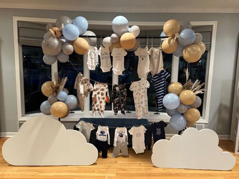 Clothes Line Baby Shower Decoration, Baby Shower Clothes Line, Baby Boy Shower Decor, Baby Shower Clothesline, Baby Shower Clothes, Dinosaur Baby Shower Theme, Dinosaur Baby Shower, Baby Shower Decorations For Boys, Blue Boy