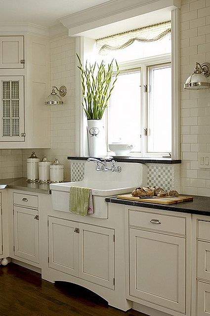 Shaker Cabinets and Apron Sink - House and Home different counters: steel and granite. Love the contrast Dapur Ikea, Simple Farmhouse Kitchen, Kabinet Dapur, Farmhouse Kitchen Cabinets, Kitchen Farmhouse, Dream Kitchens, Modern Farmhouse Kitchens, Backsplash Ideas, Ikea Kitchen