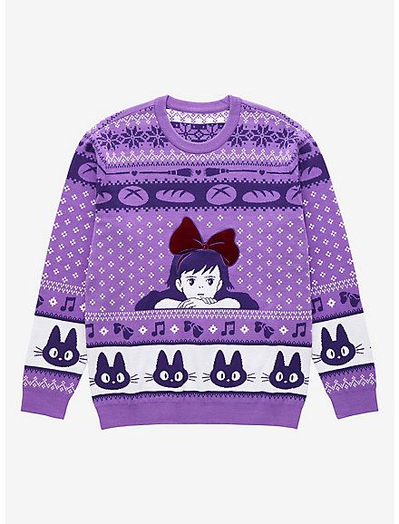 Her Universe Studio Ghibli Kiki's Delivery Service Kiki & Jiji Holiday Sweater - BoxLunch Exclusive, LIGHT PURPLE Waiting Pose, Kiki's Delivery Service Kiki, Kiki's Delivery Service Cat, Kikis Delivery Service Kiki, Studio Ghibli Kiki's Delivery Service, Ghibli Kiki's Delivery Service, Bread Buns, Comfy Cardigan, Kiki Delivery