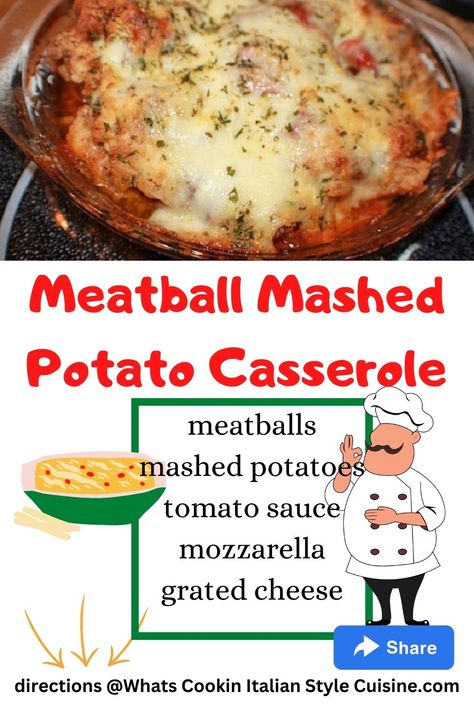 Meatball Mashed Potato Casserole | What's Cookin' Italian Style Cuisine Italian Meatballs And Mashed Potatoes, Meatball Mashed Potato Recipes, Meatball Mashed Potato Casserole, Potatoes And Meatballs, Super Easy Casseroles, Food Casseroles, Homemade Italian Meatballs, Amish Bread, Italian American Food