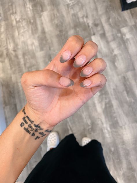 Grey Almond French Tip Nails, Grey Nail Tip Designs, Almond Nail French Tip Color, Charcoal Grey French Tip Nails, French Tip Nails Gray, Gray French Tip Nails Almond, French Tip Grey Nails, Grey Tipped Nails, Dip Extension Nails Almond