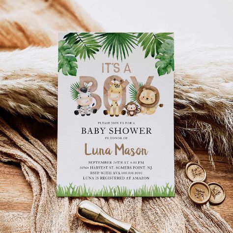 $2.93 | It's a Boy Safari Baby Shower Invitation #jungle baby shower, baby shower invitation, it's a boy invitation, watercolor baby shower invitation, jungle animals baby shower invitation, safari baby shower invitation, wild animals, baby boy shower, it's a boy, cute jungle animals Baby Boy Invitations, Baby Shower Safari Theme, Safari Baby Shower Invitations, Animal Baby Shower Invitations, Elephant Baby Shower Invitations, Watercolor Baby Shower, Safari Jungle, Jungle Baby Shower, Safari Baby Shower