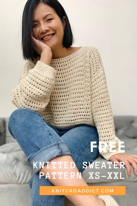 This knitting pattern includes women's sizes XS-XXL, it's so comfy and fashionable. Knitting Patterns Sweaters Women, Knit Summer Sweater Pattern Free, Free Easy Knitting Patterns For Women, Sweater Knitting Patterns Ladies, Knitting Tops For Women Free Pattern, Knit Easy Sweater, Crochet Sweater For Women, Summer Knitting Patterns For Women, Knitting Pattern Sweater Free