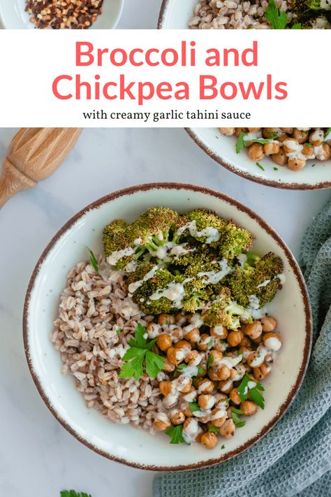 These easy vegetarian farro bowls are packed with roasted broccoli, chickpeas, farro, and the most delicious garlic tahini sauce. Great for meal prep and easy to make! #dinner #lunch #sidedish #bowl #makeahead #quickandeasy #grainbowl Farro Bowls, Broccoli Bowls, Garlic Tahini Sauce, Vegetarian Bowl, Meal Bowls, Vegetarian Bowls, Wholesome Meals, Slender Kitchen, Quinoa Healthy