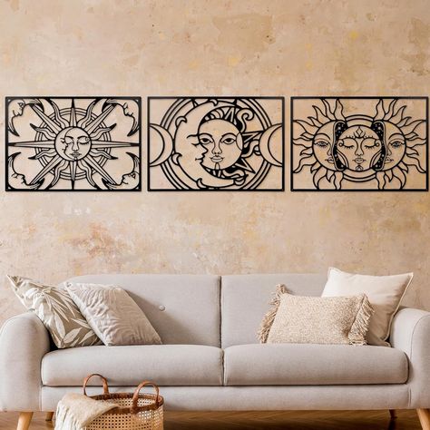 Amazon.com: Wenqik Wall Art 3 Pcs Sun and Moon Metal Decor, 15.75 x 10.63 inches, Black, Modern, Indoor and Outdoor, 3D Visual Effect, Wrought Iron, Kitchen, Wall Hanging Decor, Versatile Home Decoration : Home & Kitchen Sun And Moon Abstract Art, Sun And Moon Decorations, Sun And Moon Stencil, Wrought Iron Kitchen, Wrought Iron Wall Art, Mexican Wall Decor, Art Decor Living Room, Black Metal Wall Art, 3d Visual