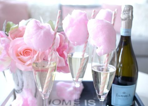 Cotton Candy Prosecco Cocktails Cotton Candy Cocktail, Cotton Candy Champagne, Pink Prosecco, Cocktail Decoration, Cocktail Names, Champagne Drinks, Prosecco Cocktails, Pink Cocktails, Mimosa Bar