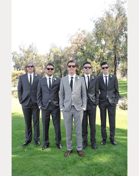 Groom wears light gray suit with the groomsmen in charcoal gray ~  all with black skinny ties ~ we ❤ this! moncheribridals.com Dark Grey Groomsmen, Black Groomsmen Suits, Suits And Ties, Groomsmen Grey, Wedding Tux, Groomsmen Outfits, Groom And Groomsmen Attire, Wedding Groomsmen, Groomsmen Suits