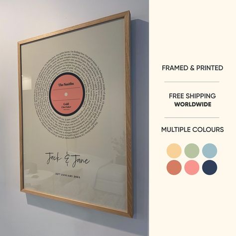 Looking for a unique gift for a music lover? Our Personalized Framed Vinyl Record Song Print is the perfect way to celebrate special memories through music. Whether it's your wedding song, a birthday anthem, or a track that holds deep meaning, this custom music art piece will become a cherished keepsake. Features: Customisable Design: Personalise the vinyl record label with your song title, artist name, and a special message. Premium Quality Print: Printed on premium matte paper with vibrant col Vinyl Record Label, Framed Vinyl, Art Musical, Song Lyric Print, Wedding Song, Record Art, Photo Decor, Deep Meaning, Gift For Music Lover