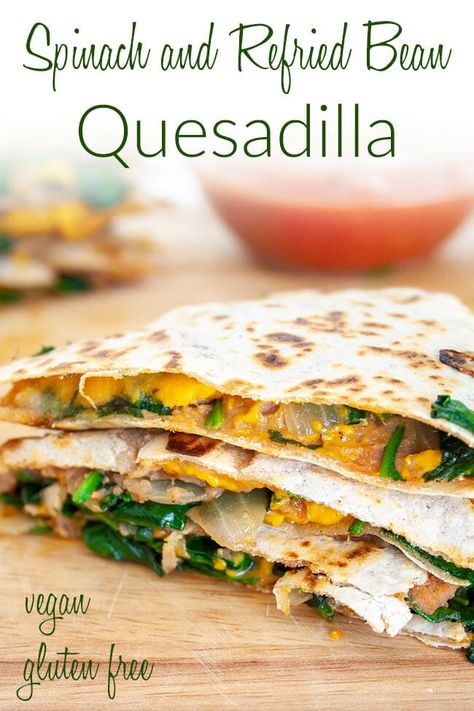 This Spinach and Refried Bean Quesadilla is loaded with flavor, comes together in less than 15 minutes and can be the main dish or appetizer. Refried Bean Quesadilla, Appetizer Healthy, Bean Quesadilla, Cubed Chicken, Refried Bean, Easy Healthy Dinner, Dinner Recipes Healthy, Vegan Lunch Recipes, Delicious Gluten Free Recipes