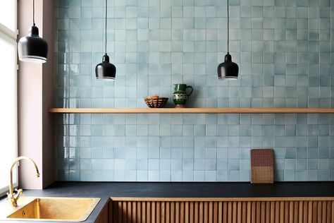 Concrete Tiles Kitchen, Blue Tile Backsplash Kitchen, Blue Backsplash Kitchen, Light Blue Tile, Blue Kitchen Tiles, Kitchen Splashback Tiles, Light Blue Kitchens, Paint Blue, Square Kitchen