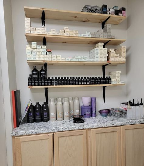 Hair Salon Small Space, Hair Dresser Design Ideas, Goth Salon Decor, Salon Color Bar Ideas, Hair Color Storage Ideas, Hair Salon Color Bar, Salon Cabin, Color Bar Salon Ideas, Salon Shelving Ideas