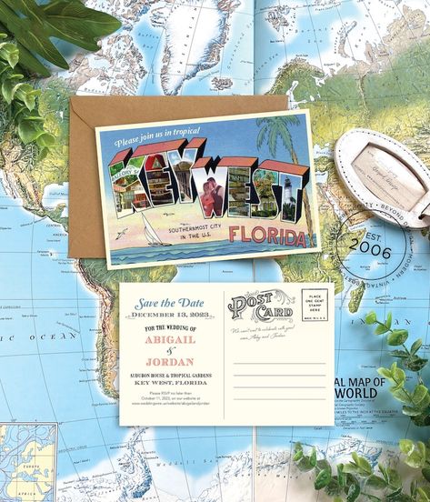 Postcard Graphic Design, Postcard Letter, Plates Ideas, Postcard Format, Florida Vintage, Invitations Ideas, Key West Wedding, Vintage Florida, Custom Stationery