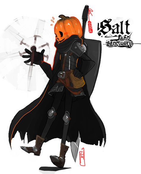 Salt And Sanctuary Art, Pumpkin Head Character Design, Pumpkin Head Oc, Ghost Person, Halloween Oc, Salt And Sanctuary, Halloween Character, Dnd Art, Creature Concept Art