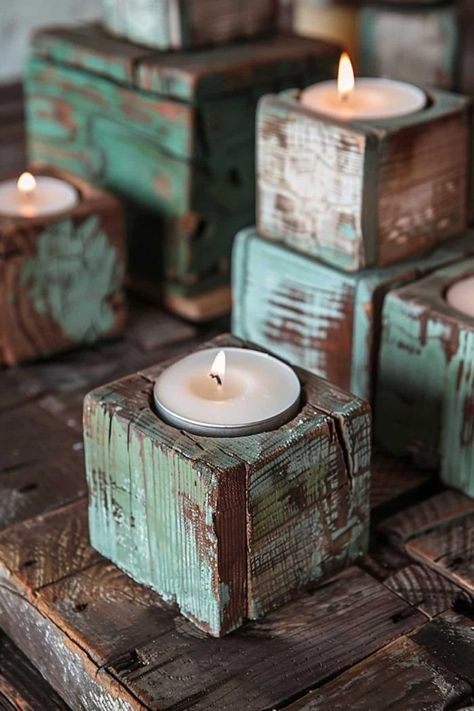 Wood Candle Holders Diy Christmas, Wood Recycling Ideas, Diy Wooden Centerpieces, Chunky Wood Candle Holders, Wooden Candle Holders Ideas, 4x4 Wood Crafts Diy Projects, Wood Lanterns Diy, Diy Advent Candle Holder, Wood Plaque Ideas Diy