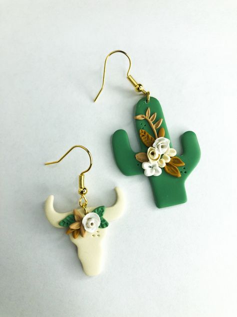 Bull Clay Earrings, Diy Cactus Earrings, Clay Cactus Earrings, Buttons Earrings, Felt Earrings, Cactus Jewelry, Felted Earrings, Handmade Leather Jewelry, Clay Dangle Earrings