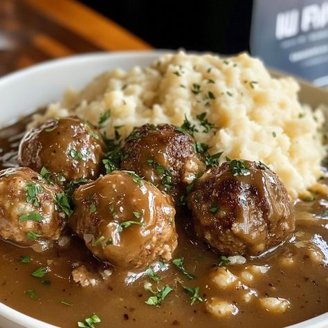 Meatballs With Onion Gravy, Meatball Gravy, Meatballs And Rice Gravy, Meatballs And Mashed Potatoes Gravy, Meatball Mashed Potatoes Gravy, Brown Gravy Meatballs, College Diet, Vegetarian Substitutes, Savory Meatballs