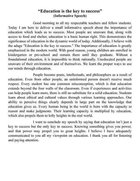 Education is the key to success - “Education is the key to success” (Informative Speech) Good - Studocu Speech About Success, Speech About Education, Motivational Speech For Students, Informative Speech, Good Morning To All, High School Books, Importance Of Education, Best Speeches, School Learning