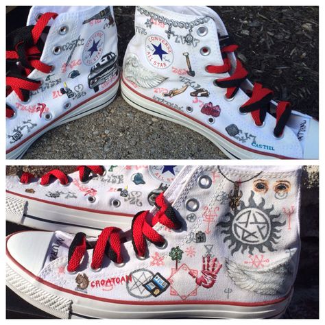 Supernatural themed custom Chuck Taylor Converse sneakers. Handpainted & customizable. Supernatural Shoes, Supernatural Merchandise, Supernatural Outfits, Custom Chuck Taylors, Geek Fashion, Odaiba, Fandom Fashion, Supernatural Memes, Converse Sneakers