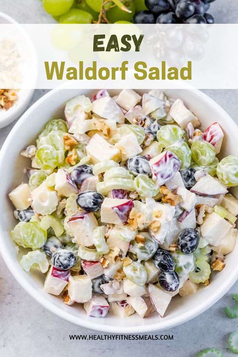 Creamy and light, this Waldorf Salad Recipe is a mix of apples, celery, grapes, and walnuts, tossed in a delicious Greek yogurt dressing. Waldorf Salad With Yogurt, Healthy Waldorf Salad, Waldorf Dressing Recipe, Waldorf Salad Recipe Original, Grape And Apple Salad, Wardolf Salad Recipe, Easy Waldorf Salad, Mole Meaning, Apple Salad Recipe