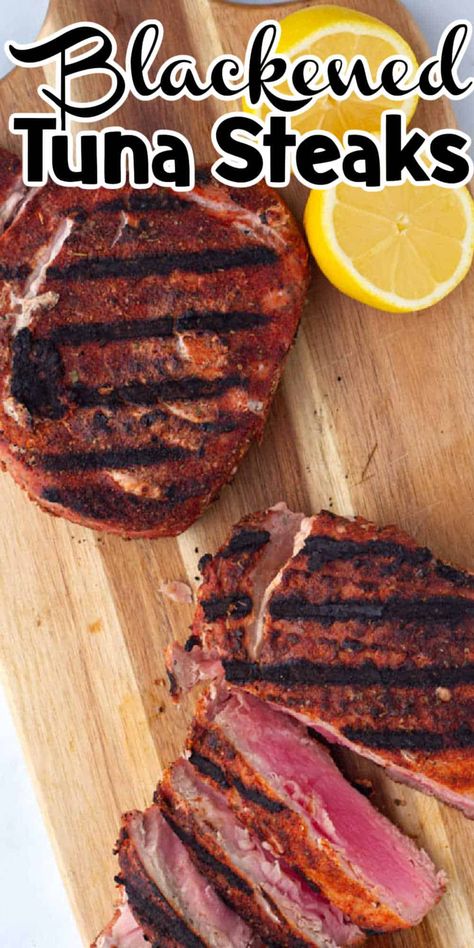 This easy recipe for grilled blackened tuna steaks will have your family begging for more! The perfect blend of spices creates a delicious crust that seals in the flavor of the tuna, resulting in a juicy, flavorful steak that's sure to please. And best of all, it only takes a few minutes to prepare. So fire up the grill and enjoy a healthy, delicious meal that the whole family will love! Homemade Blackened Seasoning, Grilled Tuna Steaks Recipes, Blackened Tuna, Easy Tuna Recipes, How To Cook Tuna, Ahi Tuna Recipe, Grilled Tuna Steaks, Ahi Tuna Steak, Tuna Steak Recipes