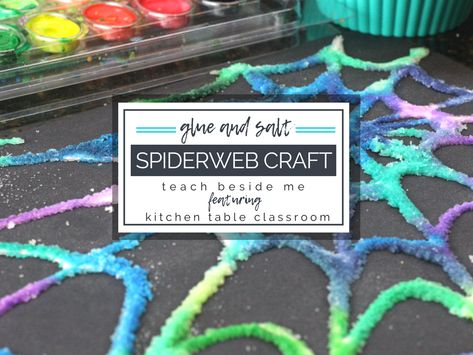 Glue and Salt Spiderweb Craft Spiderweb Craft, Spider Web Craft, Spider Crafts, October Crafts, Fall Arts And Crafts, Fun Halloween Crafts, Halloween Arts And Crafts, Halloween Preschool, Preschool Arts And Crafts