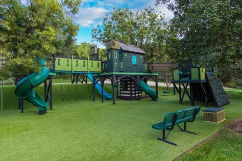 Incredible backyard playground and playhouse for kids with tube slide. Kitchens With Two Islands, Westlake Village, Backyard Playground, Thousand Oaks, Outdoor Playground, Billiard Room, West Lake, Play Houses, Picnic Table