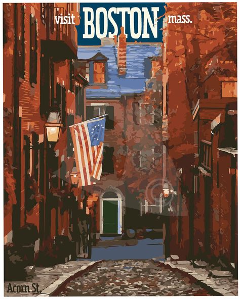 Bring the beauty of Boston home with this vintage style travel poster, featuring Acorn Street. We print our posters and gallery-wrapped canvas prints using high-quality papers/canvas, archival pigment inks, and professional printing processes. We guarantee the quality of our posters and gallery-wrapped canvas prints. Greeting cards and postcards are shipped flat and printed on high-quality cardstock. These cards make great gifts and look wonderful framed. Posters 16x20 inches and larger are ship Boston Travel Poster, Vintage Boston Poster, Boston Astethic, Vintage Postcard Display, Gallery Wall Themes, Boston Aesthetic, Boston Vintage, Postcard Display, Boston Poster