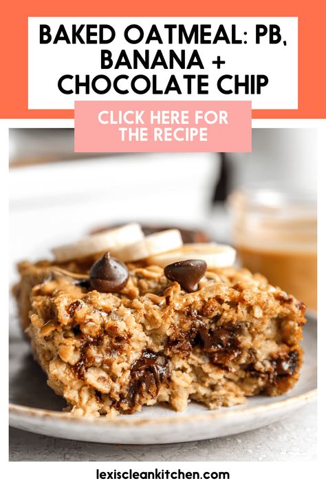 This Peanut Butter, Banana, Chocolate Chip Baked Oatmeal is the ultimate make-ahead, fiber-rich, good-for-you breakfast. It's made with hearty oats, mashed banana, peanut butter, maple syrup, chocolate chips, chia seeds, and more baked into a sweet and healthy oat casserole. Oat Casserole, Chocolate Chip Baked Oatmeal, Peanut Butter Maple Syrup, Kitchen Website, Baked Oatmeal Healthy, Banana Peanut Butter, Peanut Butter Roll, Food Allergens, Banana Chocolate