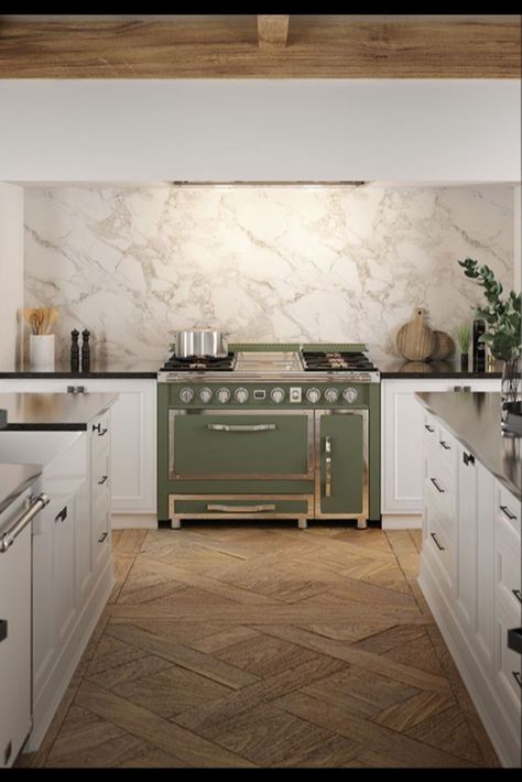 Modern Luxury Viking Tuscany Sage Green Range Kitchen Vintage Modern, Tuscany Kitchen, Olive Kitchen, 90s Kitchen, Viking Kitchen, Sage Kitchen, Grand Kitchen, Viking Range, European Kitchens