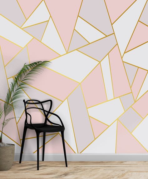 Pink Wallpaper Bedroom, Pink Geometric Wallpaper, Gold Accent Wall, Pink Painted Walls, Pink Accent Walls, Geometric Shapes Wallpaper, Geometric Wall Paint, Shapes Wallpaper, Wallpaper High Quality